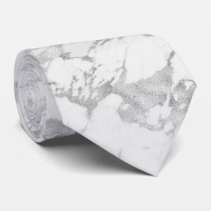 Elegant Silver Foil Chic White Marble Stropdas