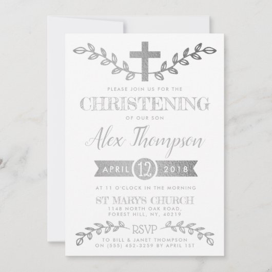 Elegant Silver Foil Cross & Foliage Christening Kaart (Voorkant)