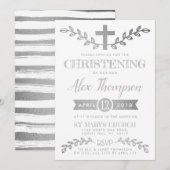 Elegant Silver Foil Cross & Foliage Christening Kaart (Voorkant / Achterkant)
