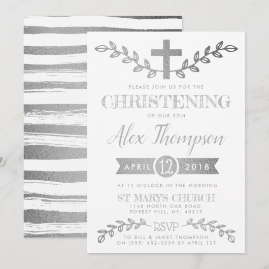 Elegant Silver Foil Cross & Foliage Christening Kaart (Voorkant / Achterkant)
