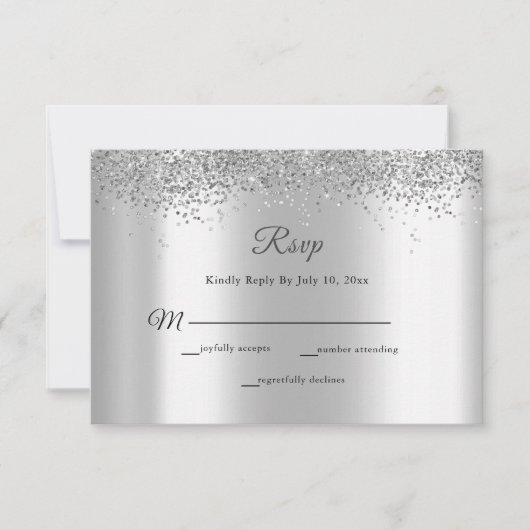 Elegant Silver Foil Glitter Sparkle Wedding RSVP Kaartje (Voorkant)