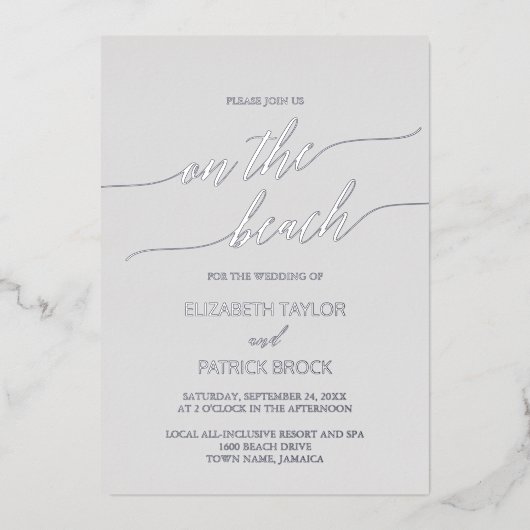 Elegant Silver Foil | Grijs op het strand Folie Uitnodiging (Voorkant)