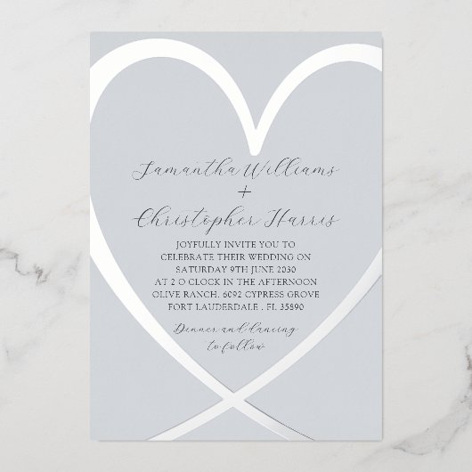 Elegant Silver Foil Heart Dusty Blue Wedding Folie Uitnodiging (Voorkant)
