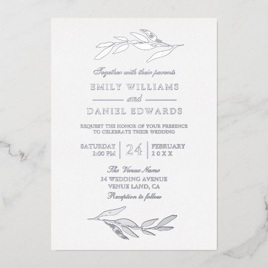 Elegant Silver Foil Leaf Modern Wedding Folie Uitnodiging (Voorkant)