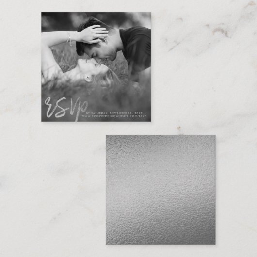 Elegant Silver Foil Script Foto RSVP Informatiekaartje (Voorkant / Achterkant)
