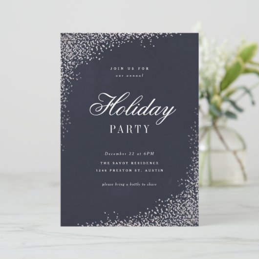 Elegant Silver Foil Script Holiday Party Kaart (Staand voorkant)