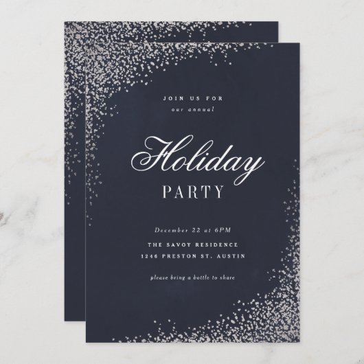 Elegant Silver Foil Script Holiday Party Kaart (Voorkant / Achterkant)