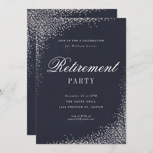 Elegant Silver Foil Script Retirement Party Kaart (Voorkant / Achterkant)