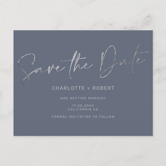 Elegant Silver folie blue bruiloft met uitzonderin Aankondigingskaart (Voorkant)