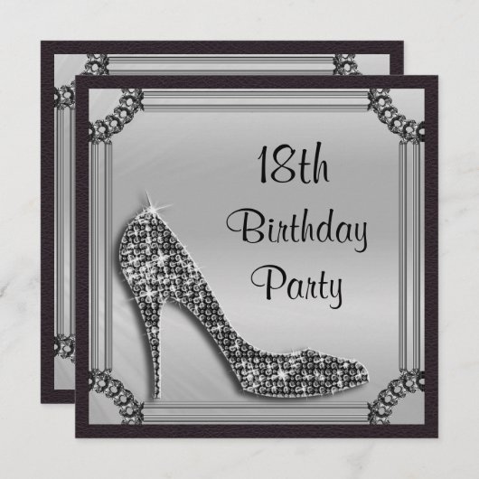 Elegant Silver Framed Black Stiletto 18th Birthday Kaart (Voorkant / Achterkant)