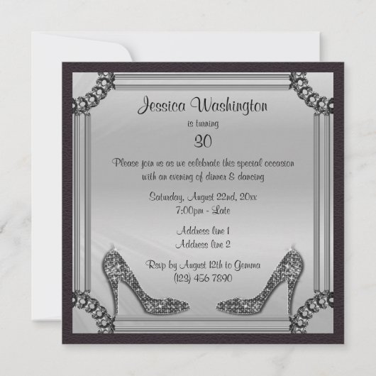 Elegant Silver Framed Black Stiletto 30th Birthday Kaart (Achterkant)
