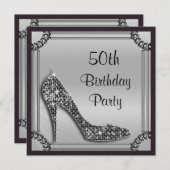 Elegant Silver Framed Black Stiletto 50th Birthday Kaart (Voorkant / Achterkant)