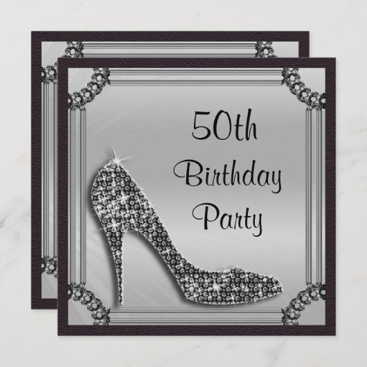 Elegant Silver Framed Black Stiletto 50th Birthday Kaart (Voorkant / Achterkant)