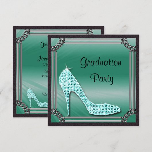 Elegant Silver Framed Blauwgroen Stiletto Afstuder Kaart (Voorkant / Achterkant)