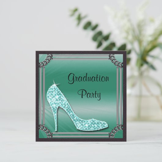 Elegant Silver Framed Blauwgroen Stiletto Afstuder Kaart (Staand voorkant)