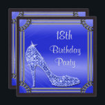 Elegant Silver Framed Blue Stiletto 18th Birthday Kaart<br><div class="desc">Mooie, elegante 18e verjaardag feestdagen voor vrouwen en meisjes. Aan de voorzijde van deze sjabloon bevindt zich een , neushoornjuwelen met ruitvormige stiletto / hielkop, op een gradiëntblauwe achtergrond met een verbluffend zilver lijst, allemaal bedrukt op een zwarte lederen textuurachtergrond. De achterzijde heeft het zelfde achtergrondontwerp maar met twee stiletto...</div>