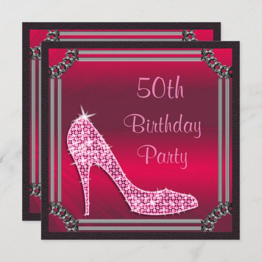Elegant Silver Framed Pink Stiletto 50th Birthday Kaart (Voorkant / Achterkant)