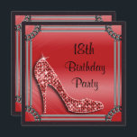 Elegant Silver Framed Red Stiletto 18th Birthday Kaart<br><div class="desc">Mooie, elegante 18e verjaardag feestdagen voor vrouwen en meisjes. Aan de voorzijde van deze sjabloon bevindt zich een , neushoornjuwelen met ruitvormige stiletto/hielkop, op een rode achtergrond met een verbluffend zilver lijst, allemaal bedrukt op een zwarte lederen textuurachtergrond. De achterzijde heeft het zelfde achtergrondontwerp maar met twee stiletto schoenen in...</div>