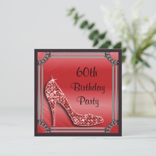 Elegant Silver Framed Red Stiletto 60th Birthday Kaart (Staand voorkant)