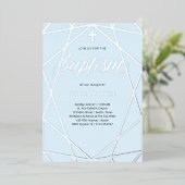 Elegant Silver Geometric op Light Blue | Baptisme Folie Uitnodiging (Staand Voorkant)