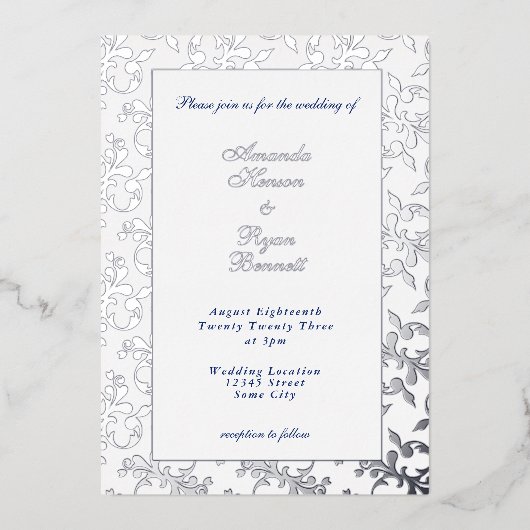 Elegant Silver geperst Rococo Pattern Weddenschap Folie Uitnodiging (Voorkant)