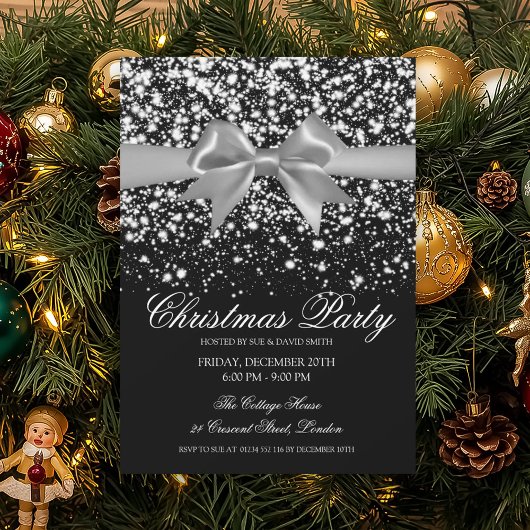 Elegant Silver Glam Bow Christmas Party  Kaart