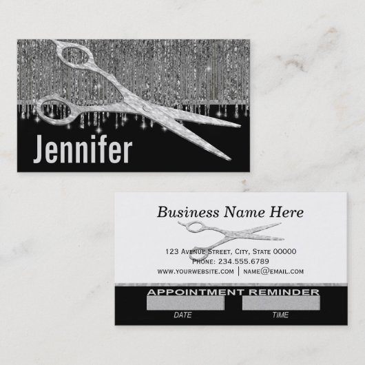 Elegant Silver Glam Haarstylist Benoeming Afsprakenkaartje (Voorkant / Achterkant)