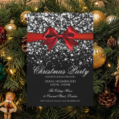 Elegant Silver Glam Red Bow Christmas Party  Kaart