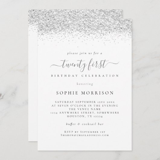 Elegant Silver Glitter 21ste verjaardag Kaart (Voorkant / Achterkant)