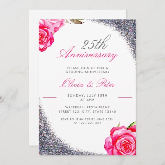 Elegant Silver Glitter 25th Wedding Jubileum Kaart (Voorkant / Achterkant)