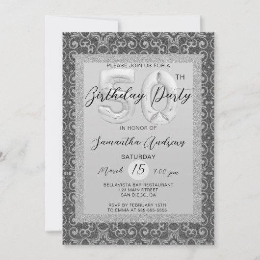 Elegant Silver Glitter 50th Birthday Invitation Kaart (Voorkant)