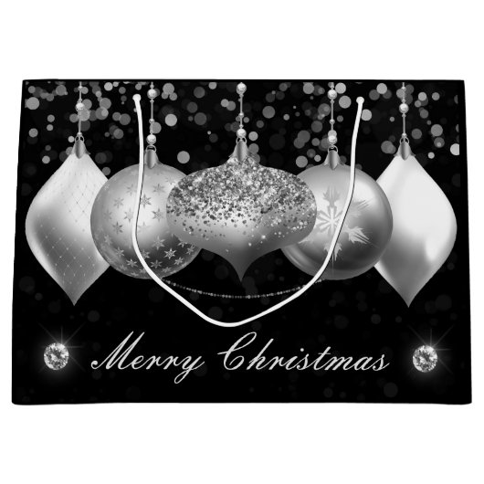 Elegant Silver Glitter Baubles Merry Kerstry Groot Cadeauzakje (Voorkant)