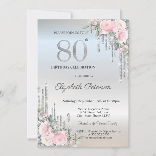 Elegant Silver Glitter bestuurt Rozen 80e verjaard Kaart (Voorkant)