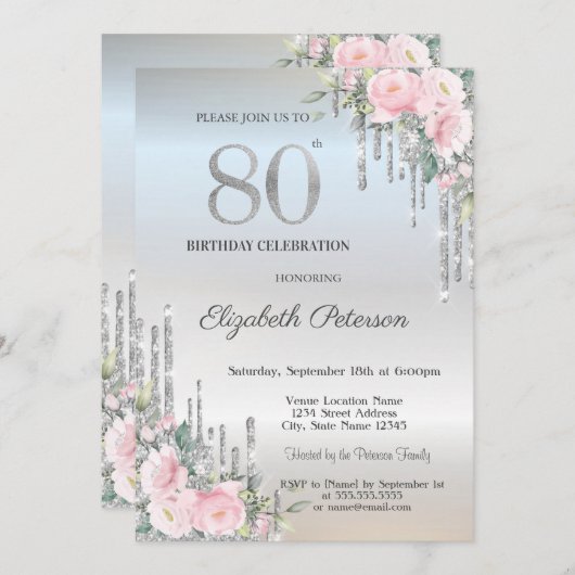 Elegant Silver Glitter bestuurt Rozen 80e verjaard Kaart (Voorkant / Achterkant)