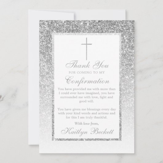 Elegant Silver Glitter Bevestiging of Baptisme Bedankkaart (Voorkant)