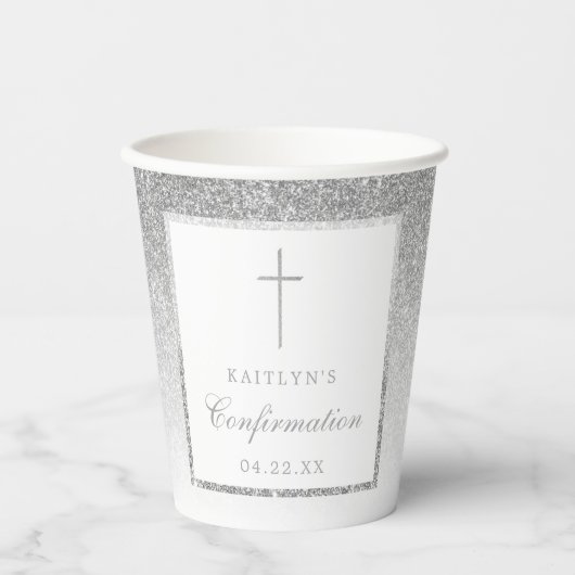 Elegant Silver Glitter Bevestiging of Baptisme Papieren Bekers (Voorkant)
