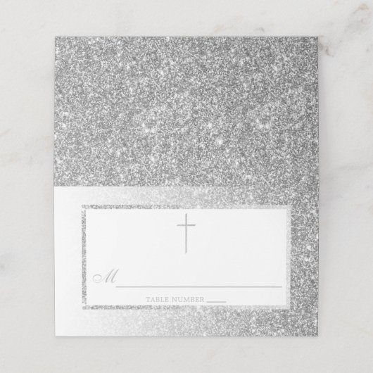 Elegant Silver Glitter Bevestiging of Baptisme Plaatskaartje (Buitenkant ongevouwen)