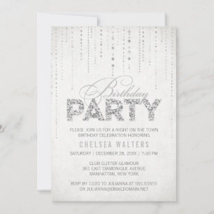 Elegant Silver Glitter Birthday Party Invitation Kaart