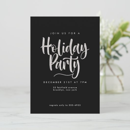 Elegant Silver Glitter Black Holiday Party Kaart (Staand voorkant)