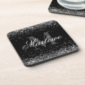 Elegant Silver Glitter Black White Monogram Bier Onderzetter (Linkerzijde)