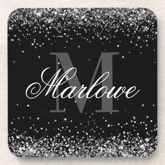 Elegant Silver Glitter Black White Monogram Bier Onderzetter (Voorkant)