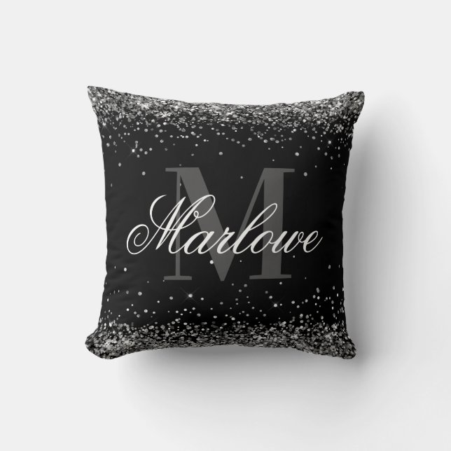 Elegant Silver Glitter Black White Monogram Kussen (Voorkant)