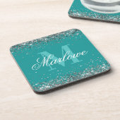 Elegant Silver Glitter Blauwgroen Monogram Bier Onderzetter (Linkerzijde)