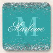 Elegant Silver Glitter Blauwgroen Monogram Bier Onderzetter (Voorkant)