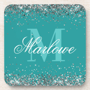 Elegant Silver Glitter Blauwgroen Monogram Bier Onderzetter