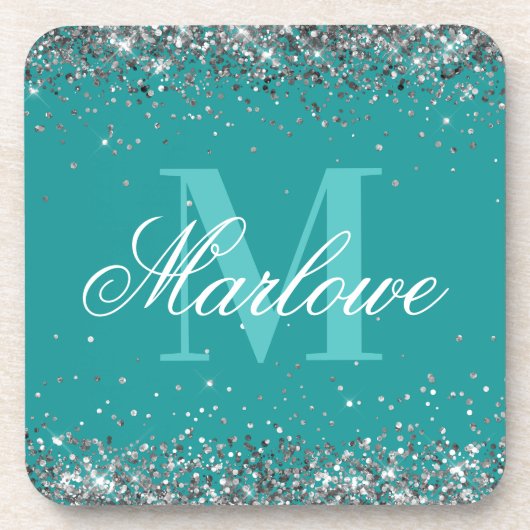 Elegant Silver Glitter Blauwgroen Monogram Bier Onderzetter (Voorkant)