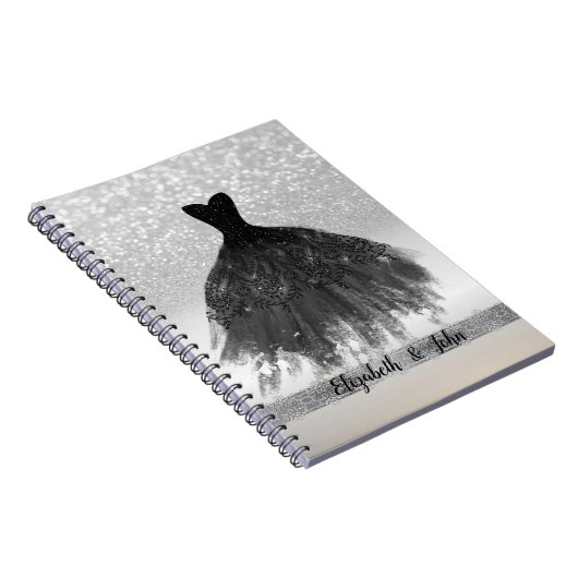 Elegant Silver Glitter Bokeh, Black Dress Notitieboek (Rechterzijde)