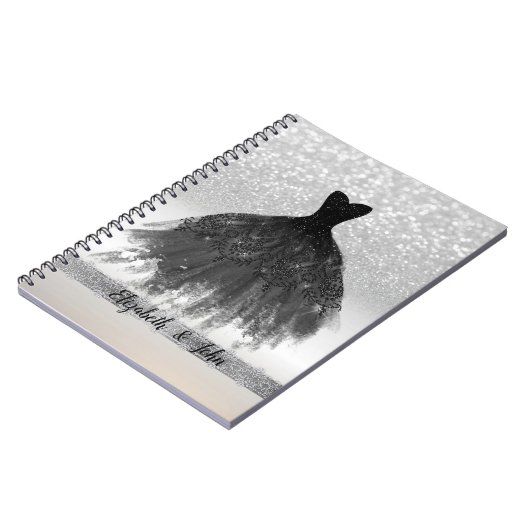Elegant Silver Glitter Bokeh, Black Dress Notitieboek (Linkerzijde)