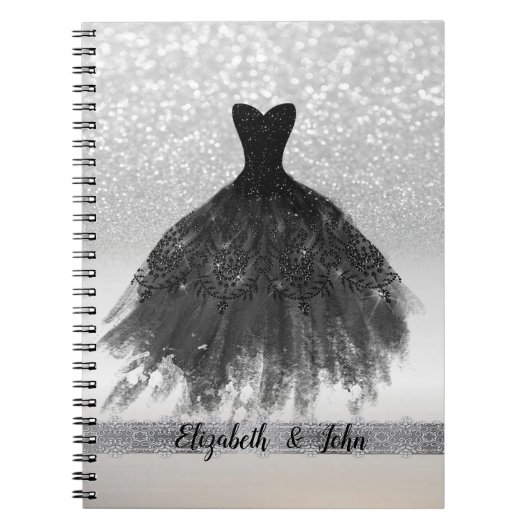 Elegant Silver Glitter Bokeh, Black Dress Notitieboek (Voorkant)