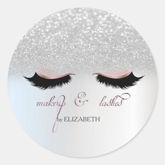 Elegant Silver Glitter Bokeh, Faux Lashes Ronde Sticker (Voorkant)